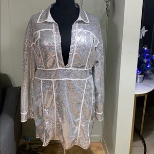 Silver low cut dress.